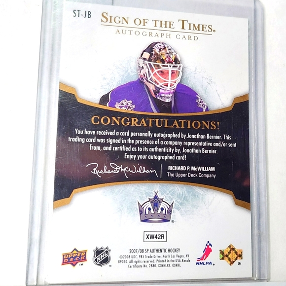 Jonathan Bernier Upper Deck SP Authentic Sign of the Times 2007/08 - Picture 2 of 2